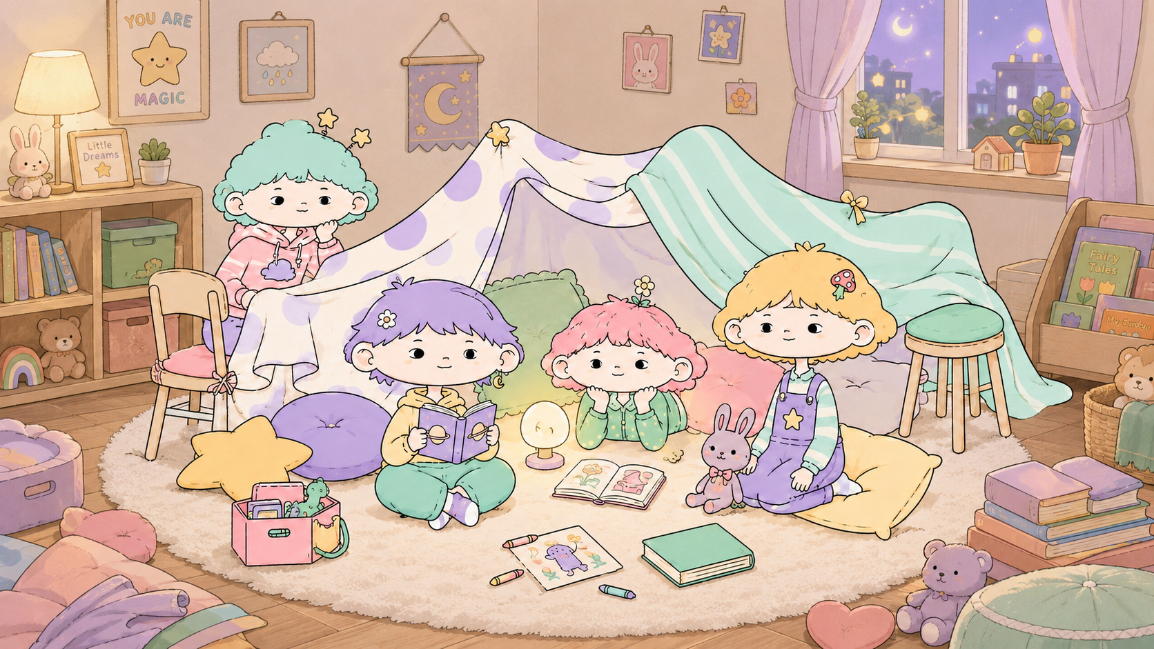 Dream Heads in a blanket fort, reading stories by lamplight